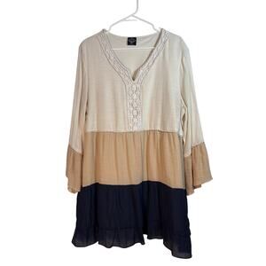 Cal Style Boho Tiered Colorblock Gauze Tunic Dress Lace Ruffle Bell Sleeve 2XL